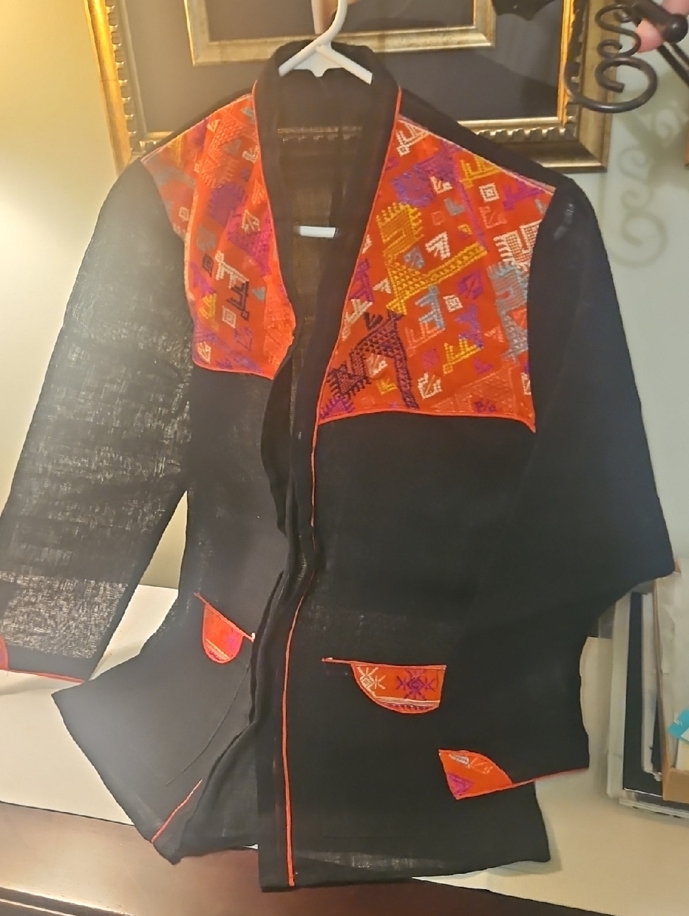 Black Jacket From Thailand with Red Embroidered Yoke and Pocket Accents